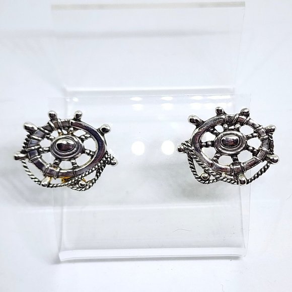 Vintage "MJ" Marie Jennifer Nautical Ship Wheel Rope Silver Pierced Earrings NOS - Picture 5 of 11